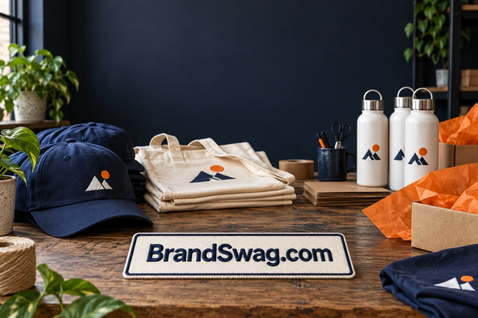 Canvas merchandise, navy caps and bottles around an embroidered BrandSwag.com patch